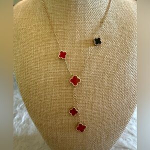 18k Gold Plated Reversible Necklace with Red and Black Clovers